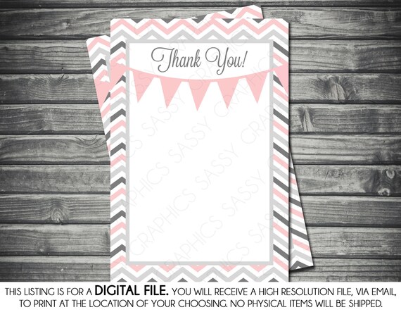 Girls Baby Shower Thank You Card - Pink, Gray, Chevron, Banner, Printable, Digital Il_570xn
