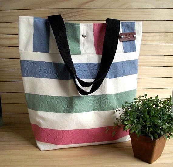 WATERPROOF Canvas Tote Bag Striped Large Beach Bag Nautical Stripes ...