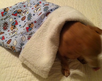 Small Dog / Dachshund Blue with Super Dogs print Snuggle Sack / Sleeping Bag FREE SHIPPING within the US