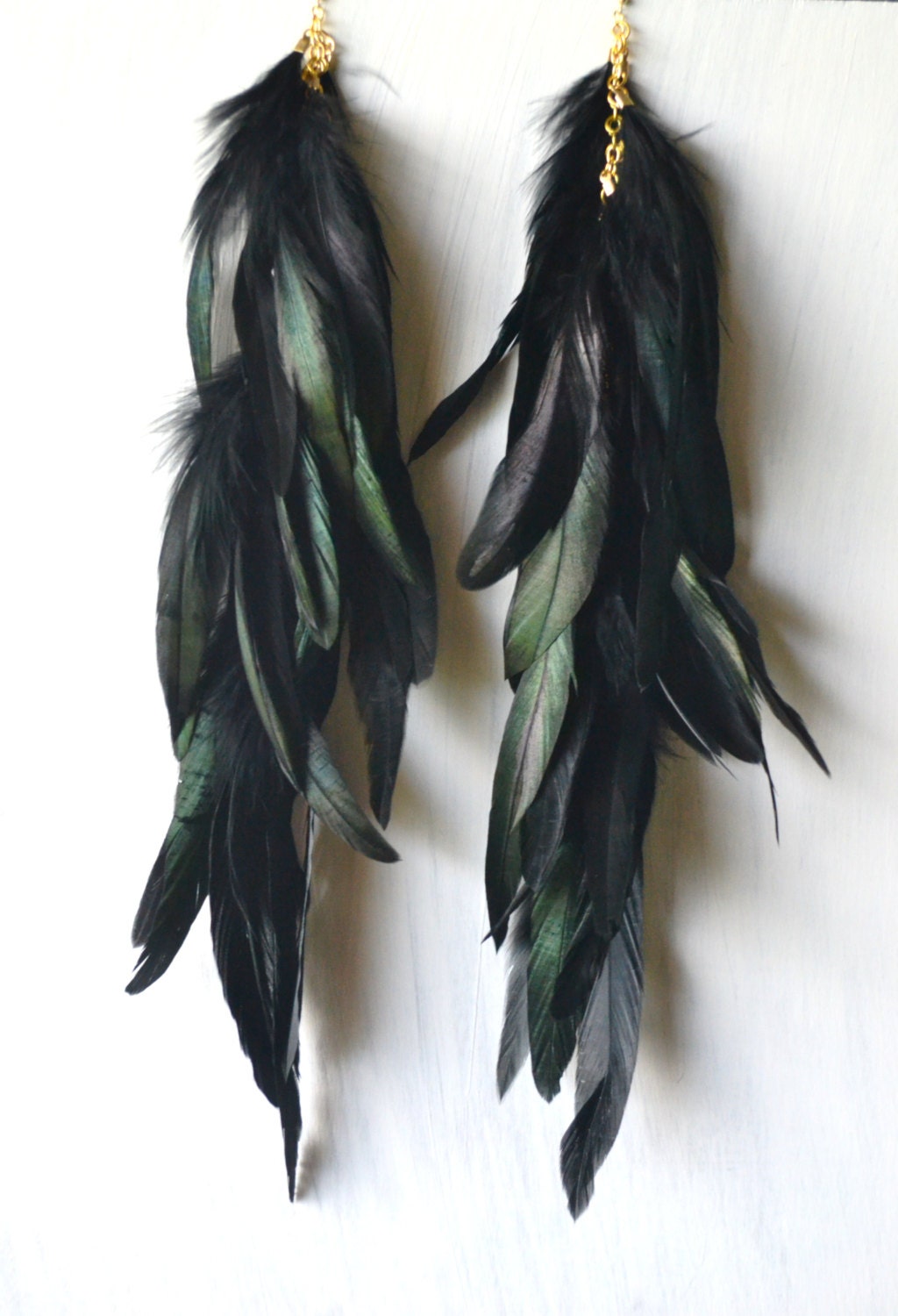 Extra Long Black Feather Earrings Iridescent Feathers Real