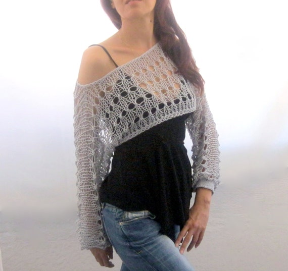 Cotton Summer Cropped Sweater Shrug in light gray color hand