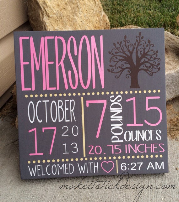 Custom Wooden Birth Announcement with Tree by MakeitStickDesigns