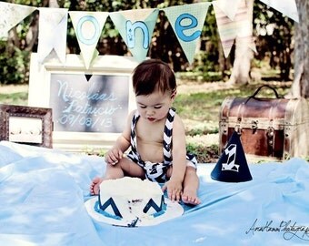 Boys Cake Smash Outfit, Boys Chevron Smash Cake Set, Birthday Outfit Bow tie, Suspenders, Diaper Cover, Birthday hat made by Two L Creations