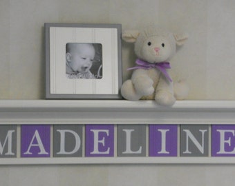 Purple Gray Baby Girl Personalized Children Nursery Decor White Shelf - Wood Letters Custom in Lilac and Gray