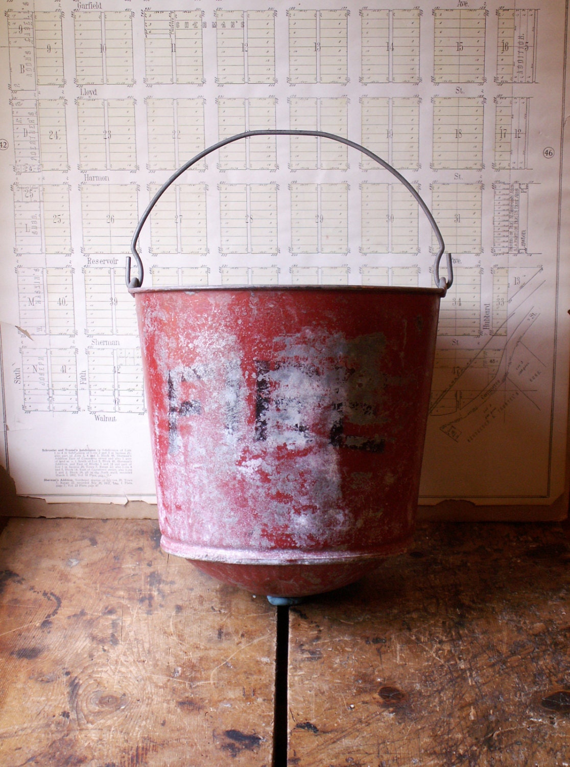 Antique Red Metal Fire Bucket Great Outdoor Decor by CopperAndTin