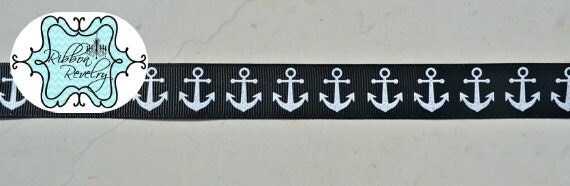 patriotic nautical white glitter anchors on black 7/8" grosgrain ribbon Il_570xn