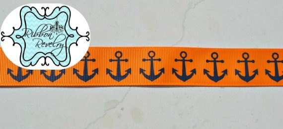 patriotic nautical navy anchors on orange 7/8" grosgrain ribbon Il_570xn
