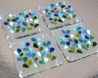 Fused Glass Coasters, Blooming Branches in Turquoise, Blue and White, Blue Flowers, Floral Turquoise Coasters