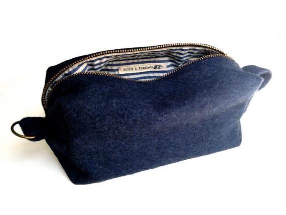 Toiletry Bag - Navy Blue Military Blanket  Waxed Seersucker