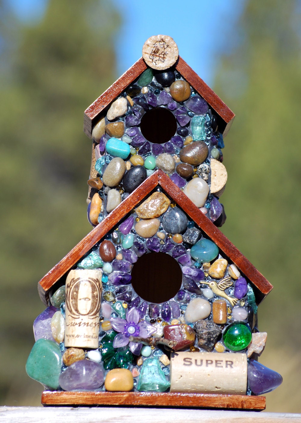 Outdoor Mosaic Birdhouse with Amethyst StonesOcean Agates and