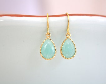Gold Earrings, Mint Earrings, Bridesmaid Earrings, Tiny Jewelry, Flowergirl earrings, bridesmaid earrings, gifts for teens, birthday gift