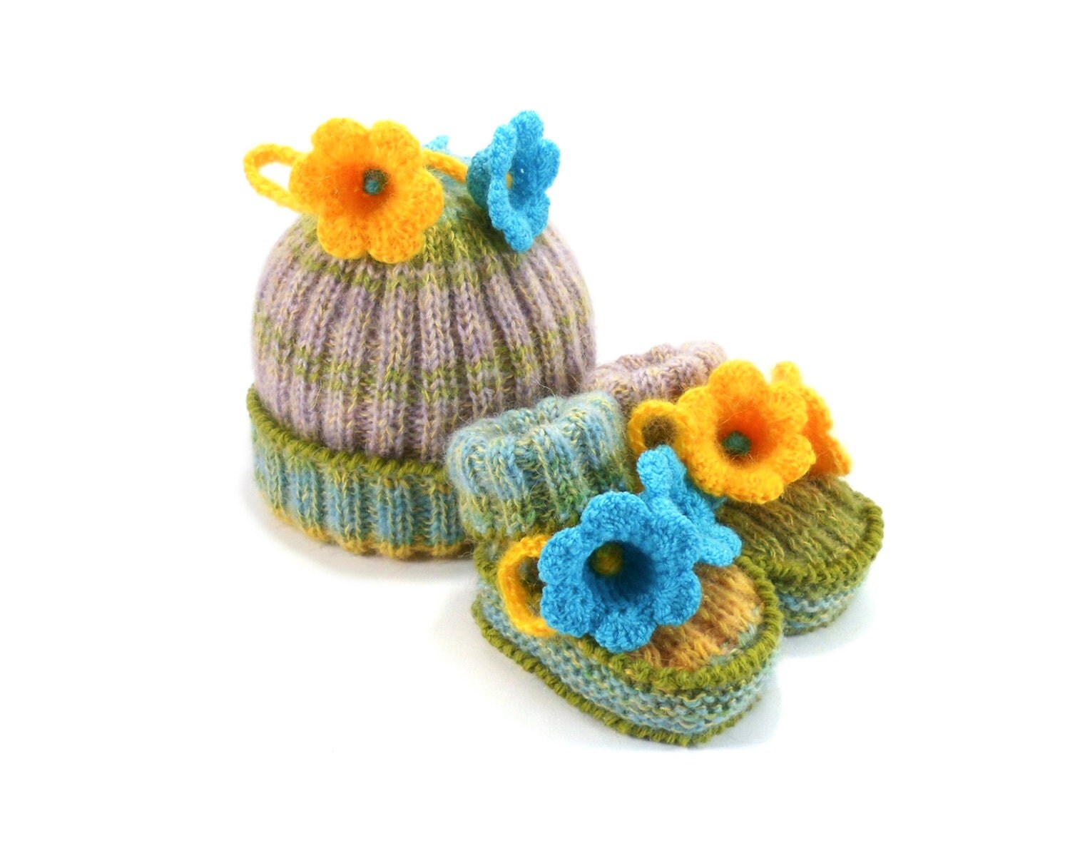 Knitted Baby Hat and Booties Blue and Yellow 3 9 month