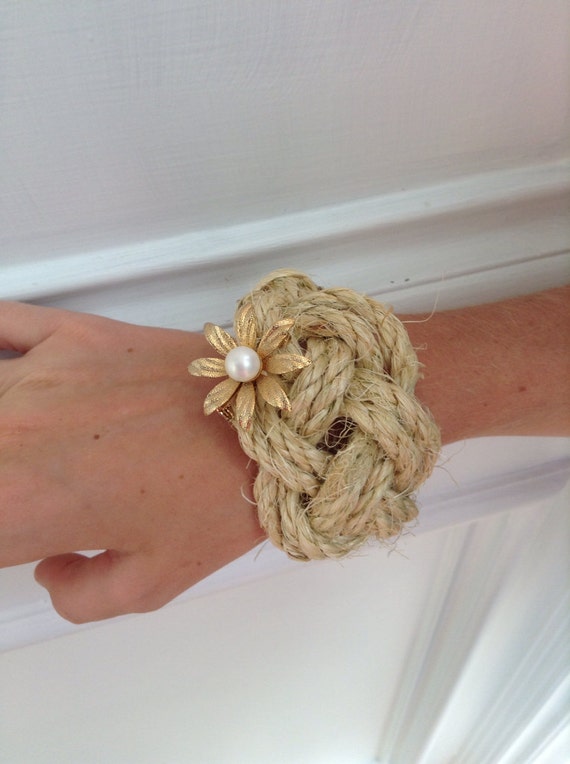 Items similar to Rustic nautical knot hemp twine bracelet with vintage