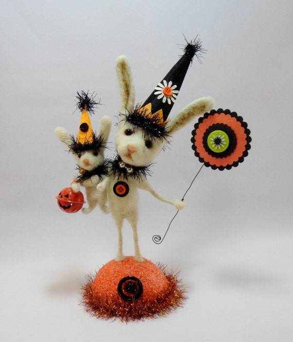 10" Halloween Bunny Rabbit wool needle felted glass eyes orange mercury glass black tinsel Trick or Treat - Brothers Boo