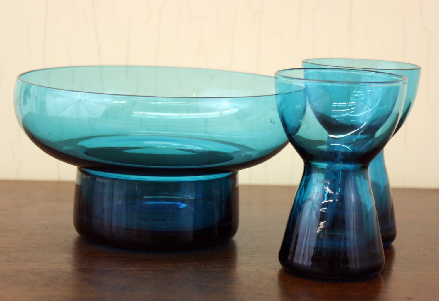 Vintage Blue Glass 3Piece Serving Set Bowl & 2 Glasses (E3566) Haute