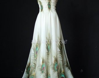 Plus Size Clothing Maxi Dress Peacock Dress Women Prom Long Sundress Evening Bridesmaid Dress White Summer Dress Chiffon Women Teens Junior
