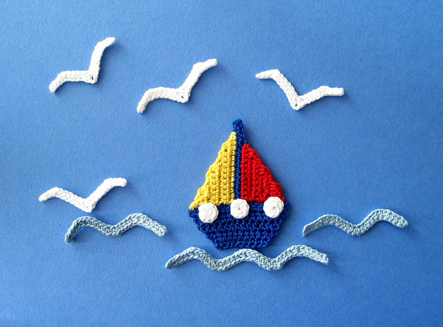 Sailboat Seagull and Waves Crochet Appliques