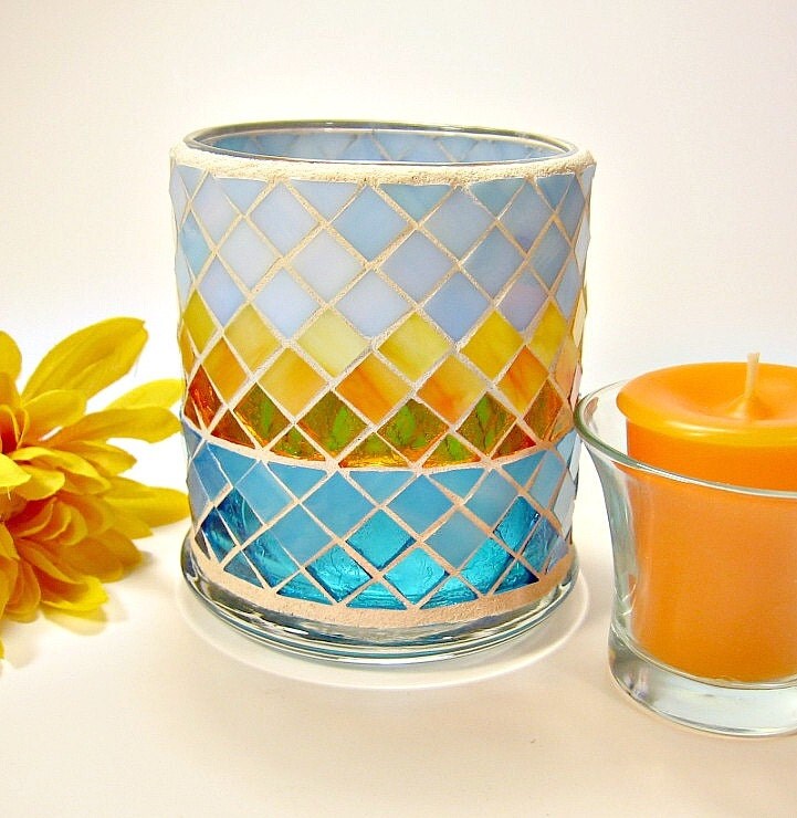 Stained glass mosaic votive candle holder aqua yellow orange