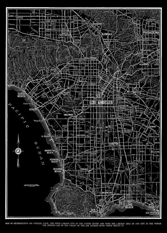 Los Angeles Map Street Map Vintage Black Print Poster