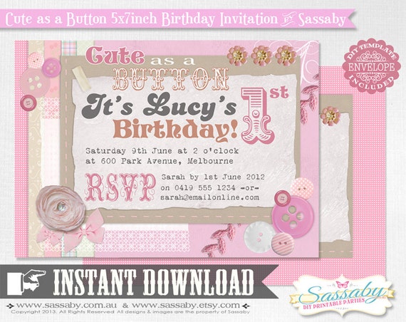 DIY Cute as a Button Birthday Invitation - INSTANT DOWNLOAD - Editable & Printable Party Invitation by Sassaby Il_570xn