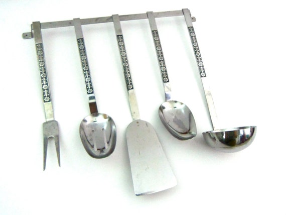 interpur vtg stainless utensils serving  stainless  with utensils serving brand hanger, steel