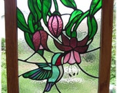 Stained Glass Fuchsia and Hummingbird Window