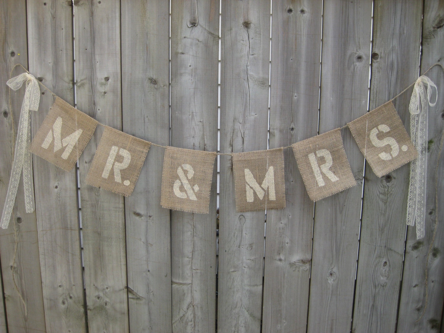 Mr. & Mrs. LACE Custom Burlap Wedding Banner Romantic Vintage