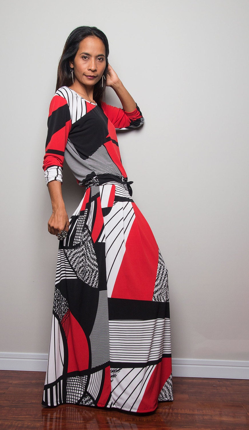 Maxi Dress Long Sleeve Red White Black Dress : Autumn