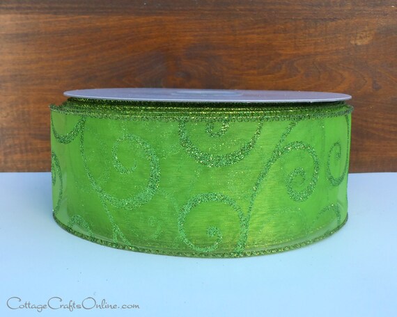 wired ribbon 2 1 2 wide lime green glittered swirl wired ribbon 2 1 2 wide lime green glittered swirl
