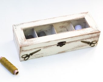 Cream Wooden Box, Sewing box, Tea Box, Box Container , Shabby Chic tea box / storage box/, Jewelry box, Jewelry Organizer, ohtteam