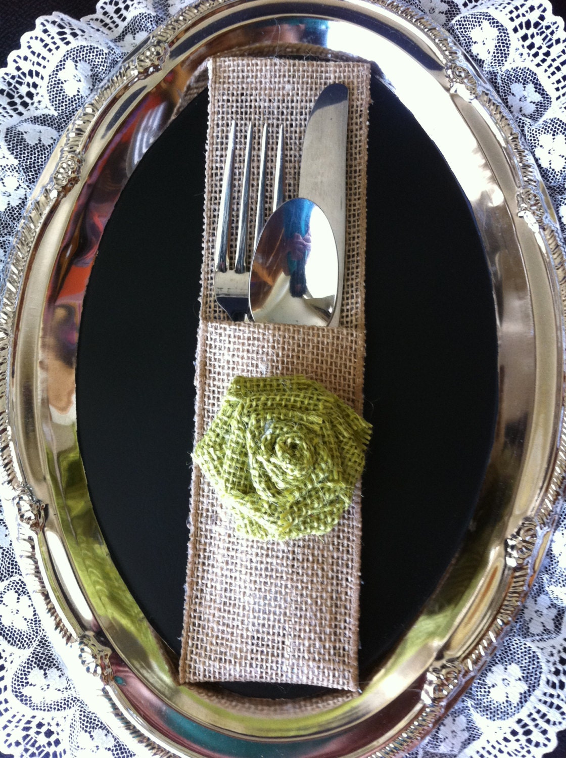 Custom Burlap Silverware Holder with Rosette Set of 4