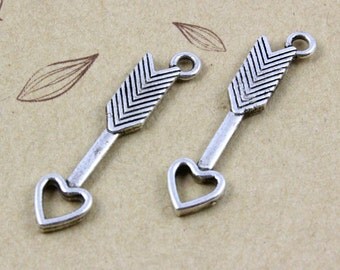 25Pcs Antique Silver Heart Arrow Charm Heart Arrow Pendant 27x5mm (PND378)