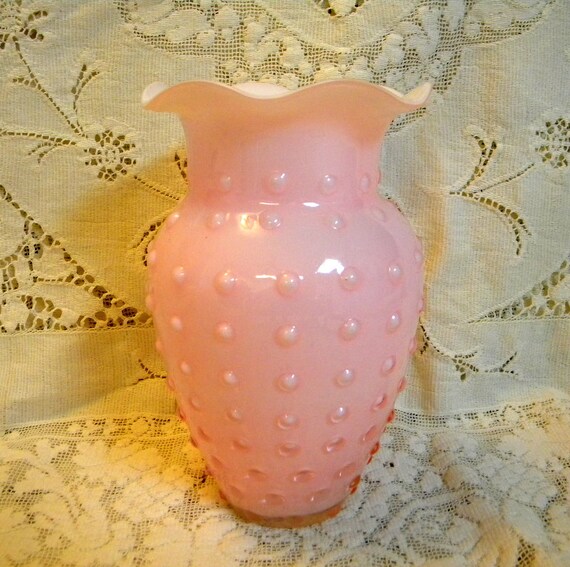 Cased glass pink hobnail vase ruffled edge handblown vintage