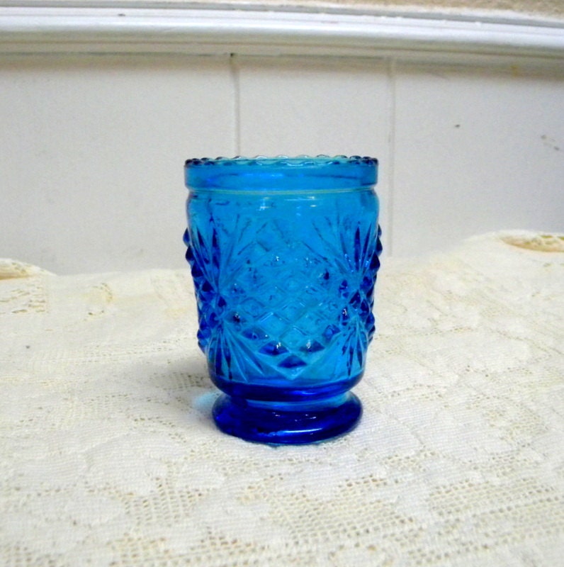Blue glass toothpick holder midcentury vintage pattern glass