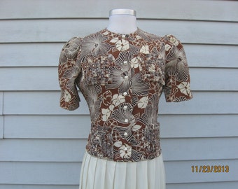1940's Brown Cotton Dress with Pockets and Pleated Nylon Skirt