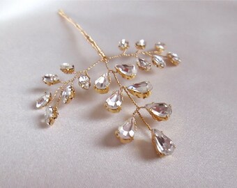 Bridal hair pin, Crystal leaf hair pin in gold or silver, Swarovski crystal gold hair pin, Crystal hair pin in gold, silver or rose gold
