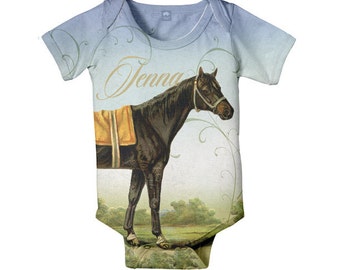 Horse Baby Bodysuit, Personalized Girls Equestrian One-Piece