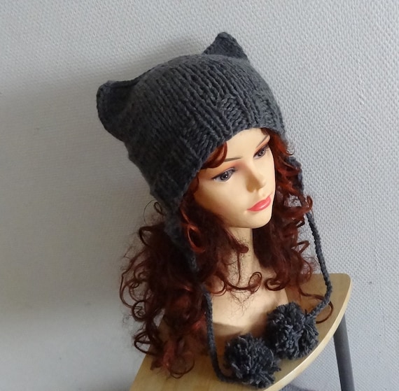 pom beanie cat pom ear hat cat Chunky Accessories Knit hat ears Beanie Winter Animals Hat POM POM