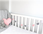 Felt Heart garland with matching heart shaped pillow - Pink, gray and white - felt hearts - nursery decor - birthday decor - MADE TO ORDER