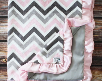 Gray and White Chevron Minky Blanket with Salt Water Blue