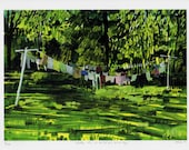 Clothes Line at the End of a Summer's Day. 9" x 12". Digital Print of a gouache painting.
