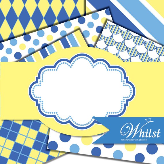 Blue frame paper digital clip art in blue and yellow printable frame and digital paper : p0220 3s102325 Il_570xn