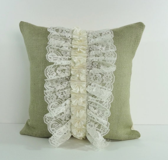 Olive Green Rustic Burlap and Lace Decorative Throw Pillow