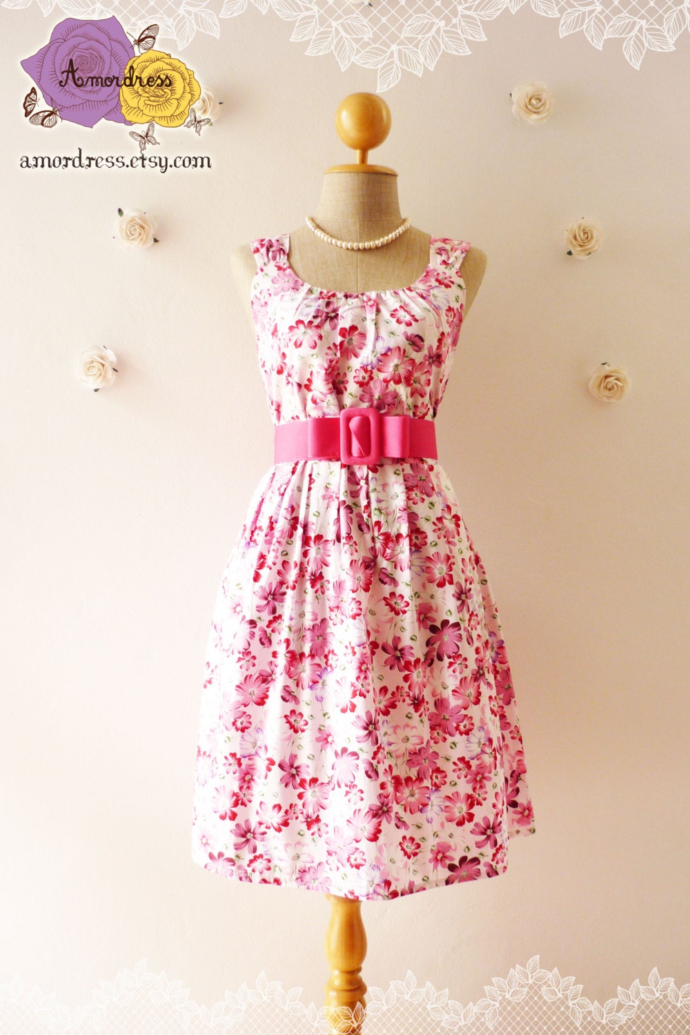 Blooming Floral Tea Dress Pink with Pink Purple Floral Dress
