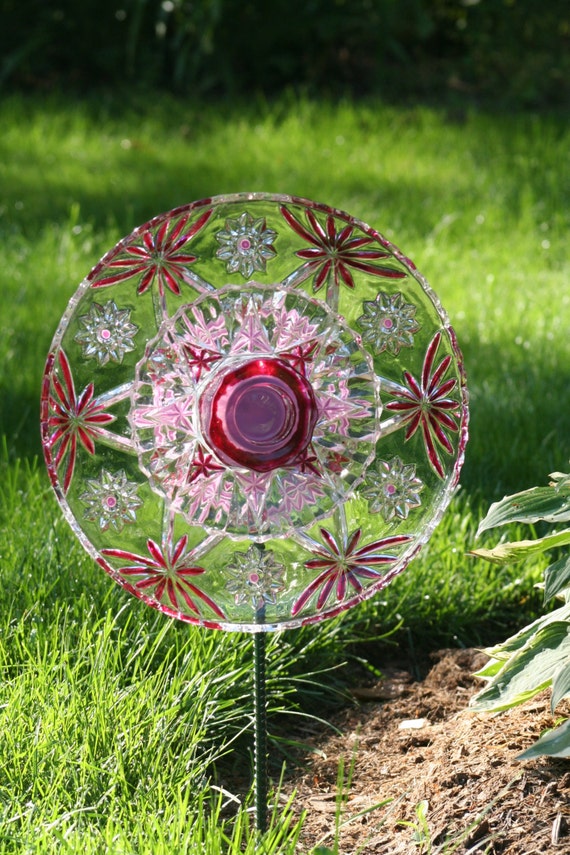 Garden Art Sun Catcher Glass Plate Flower Garden Sculpture 7351