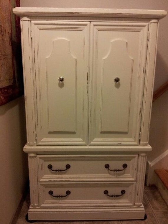 DIstressed Cottage Armoire Tall Dresser with glass knobs