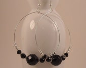 Black Onyx Silver Pewter Spacers and Silver Plated Accent Beaded Hoop Earrings