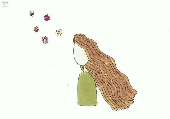 Girl With Flowers As Thoughts