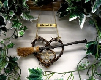 HandMade Pagan Wiccan English Oak Besom & Pentacle Heart. Handfasting Witch Kitchen. NOW With Detachable Altar Besom Option!