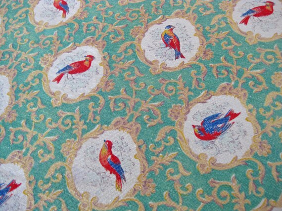 French bird print fabric material with exotic red by Histoires